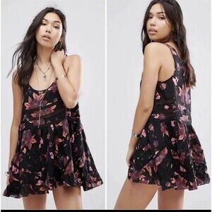 Free People Intimately Volie and Lace Trapeze Slip Dress Black Floral